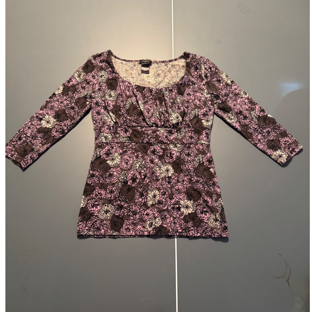 Ann Taylor Floral Empire Waist Top Purple Brown 3/4 Sleeve XS Y2K Whimsy Goth